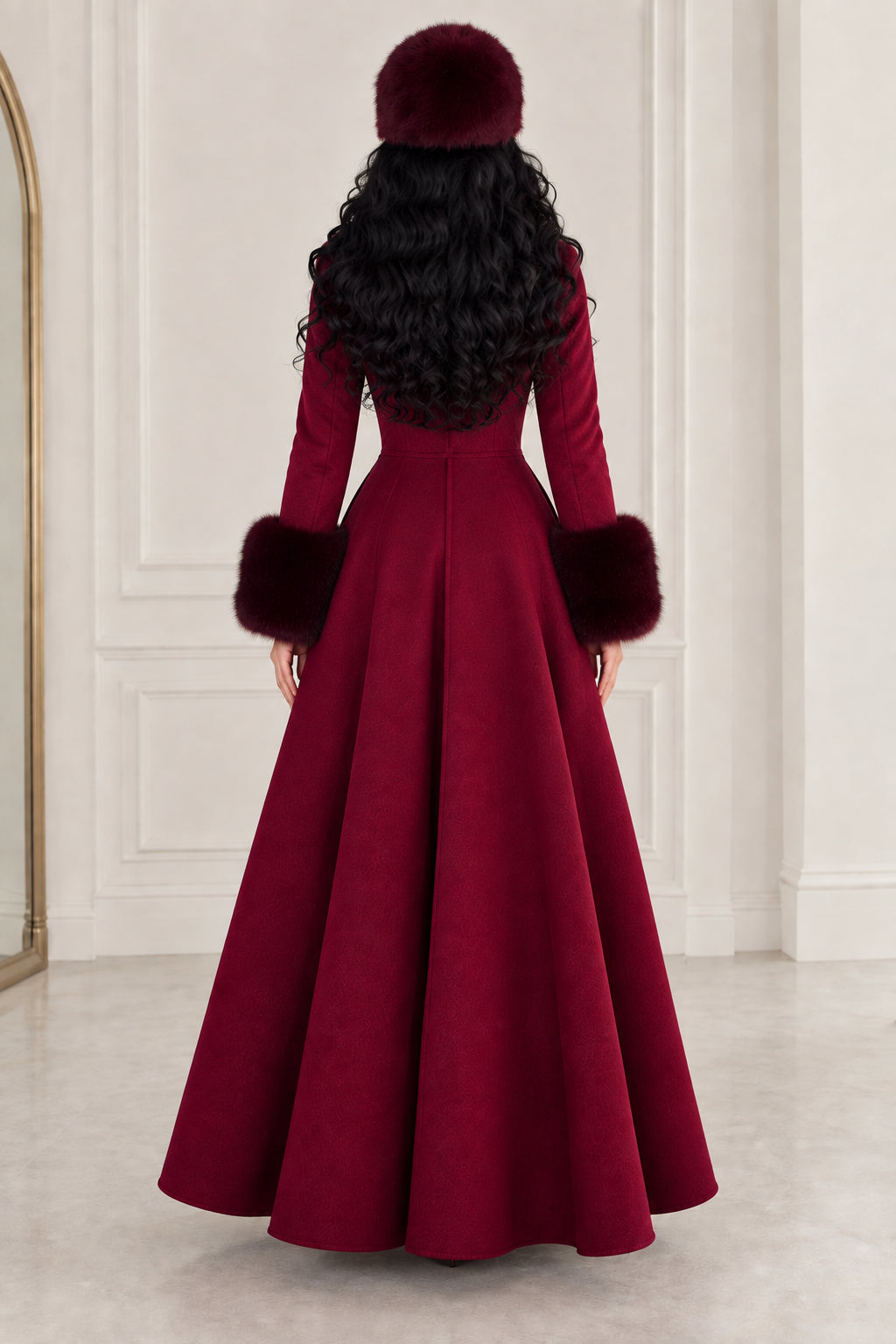 Back view of sweeping flared silhouette of burgundy winter maxi coat