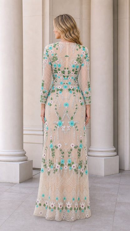 Champagne embroidered evening dress rear view