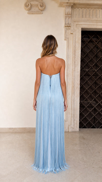 Model wearing Light Blue strapless fringe maxi dress rear view