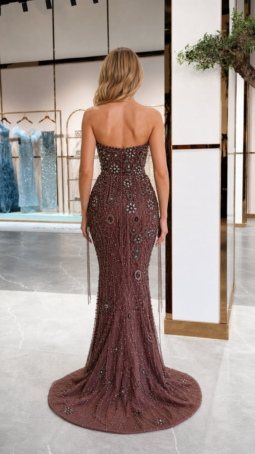 Back view of the brown beaded formal gown