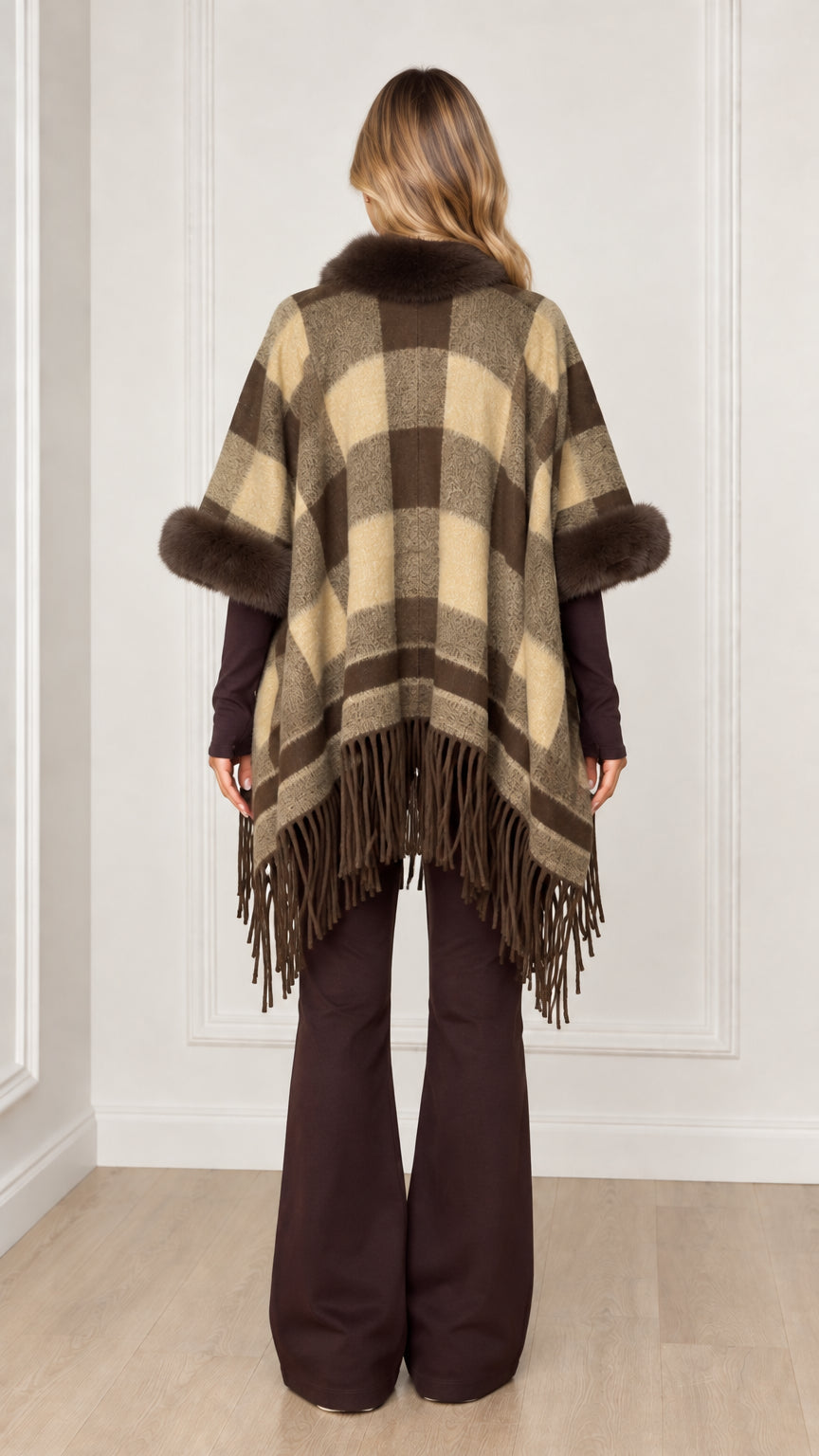 Back view of olive khaki plaid fringe poncho wrap