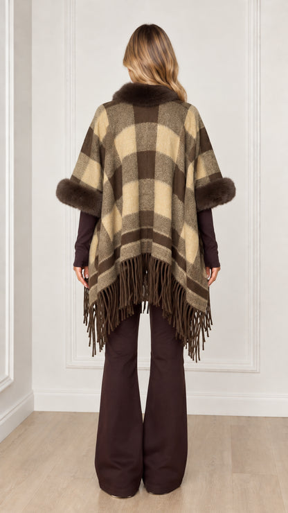 Back view of olive khaki plaid fringe poncho wrap