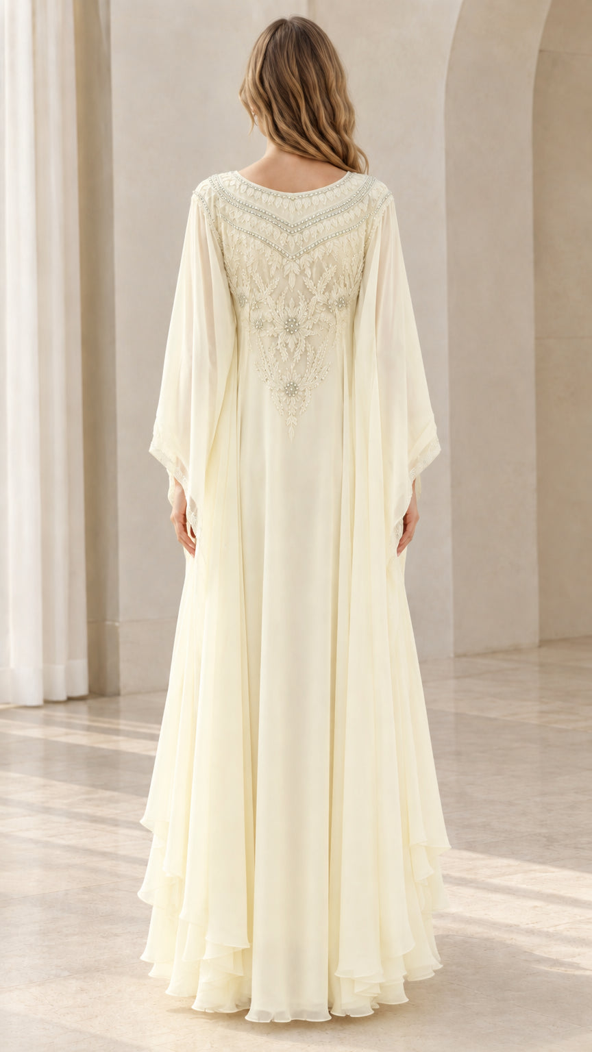 Back view of cream beaded floor-length kaftan evening dress