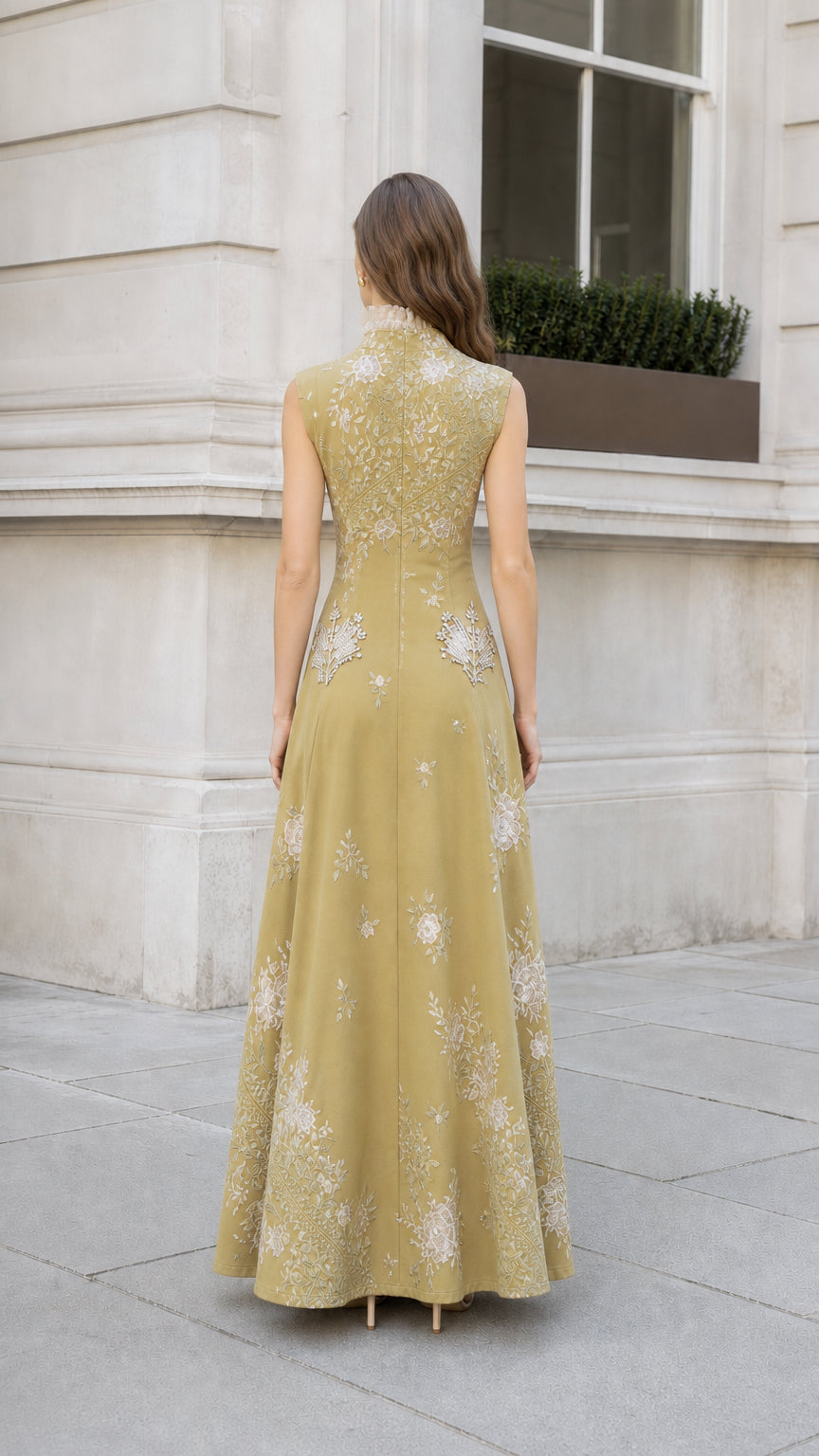 Back view of olive embroidered maxi dress
