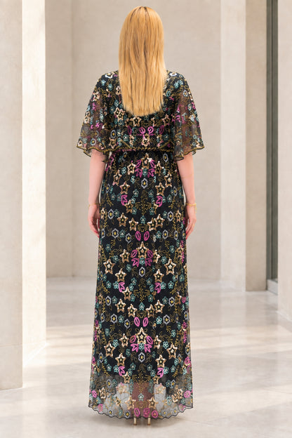 Back view of black floral sequin overlay maxi dress