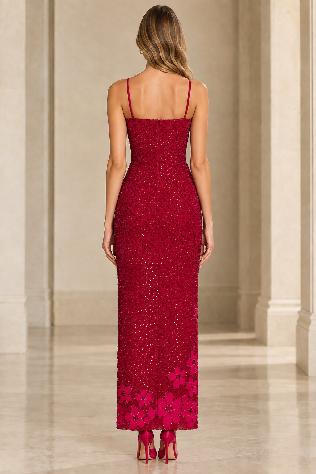Back view of woman wearing berry red spaghetti strap sequin maxi dress