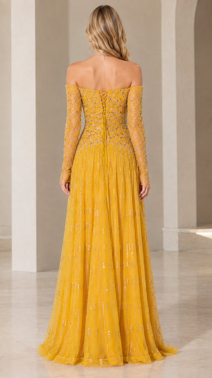Back view of mustard yellow sequin evening gown showing lace-up back detail