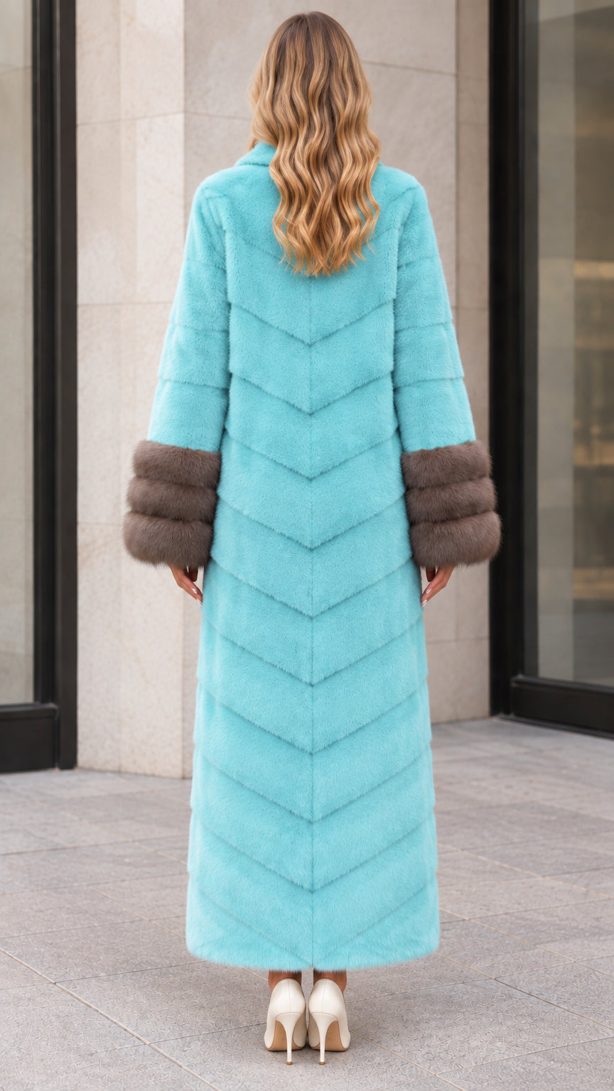 Back view of aqua blue maxi faux fur coat showing chevron texture detailing
