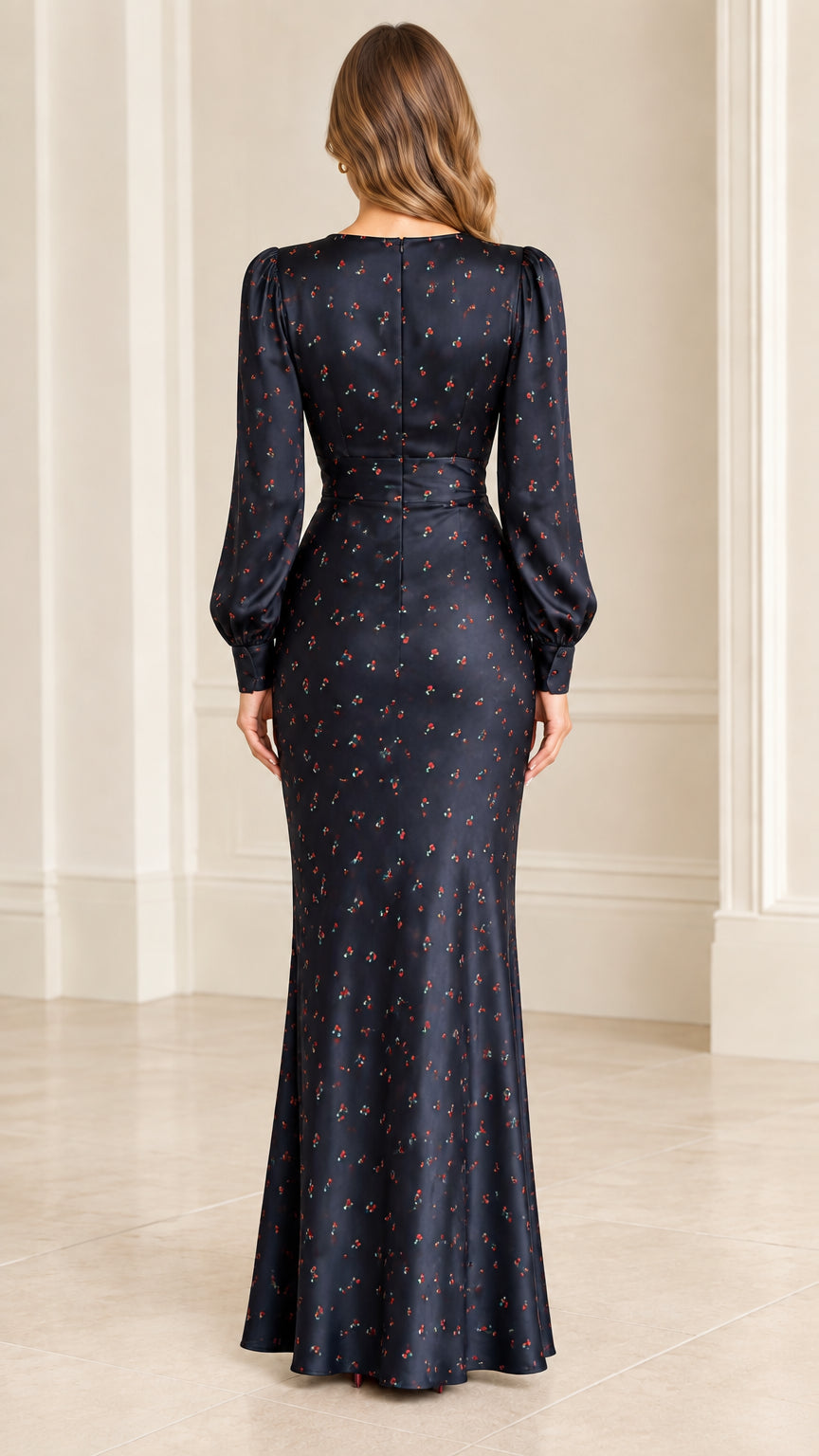 Back view of navy satin floral maxi dress highlighting clean silhouette and high neckline