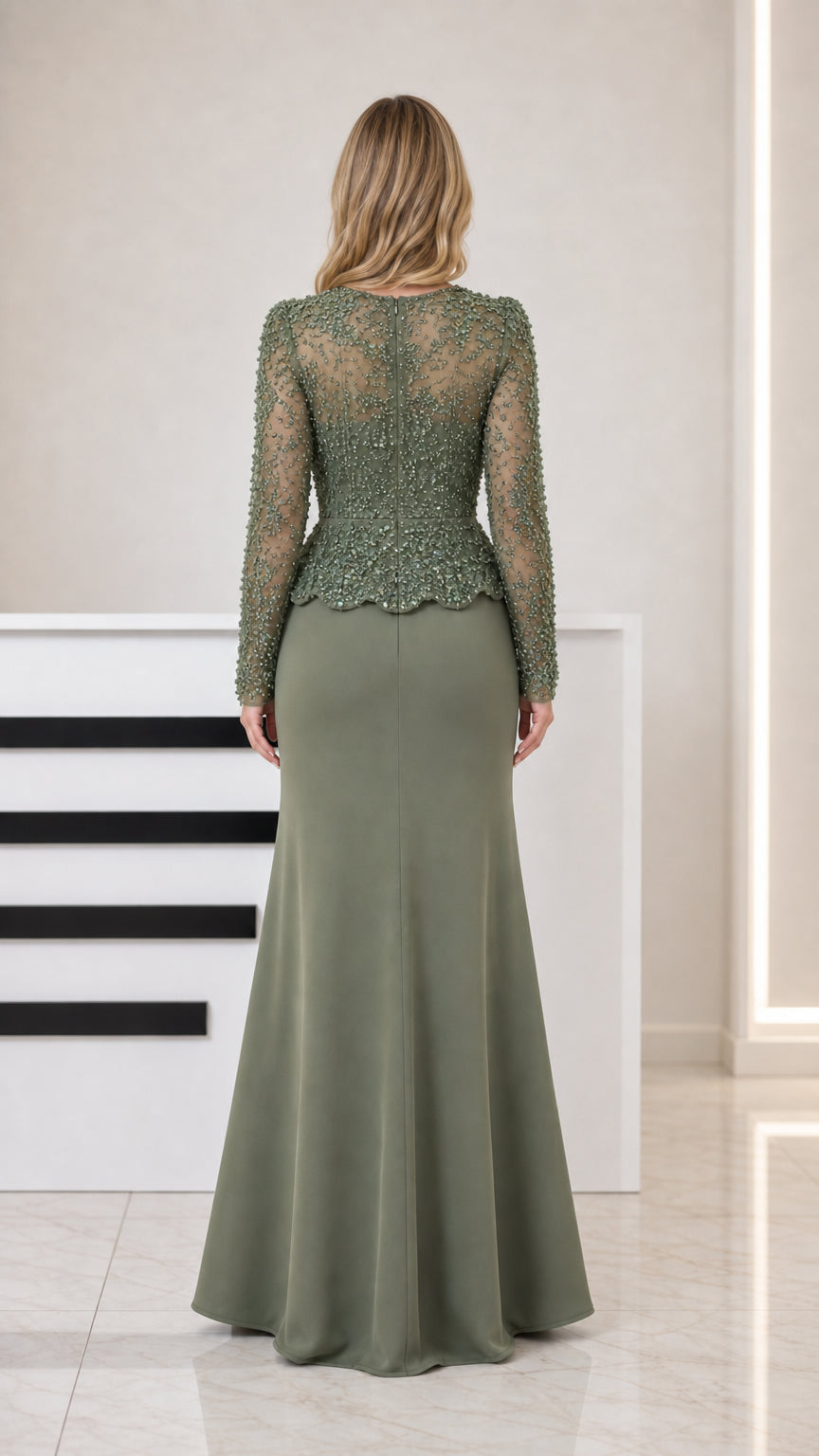 Sage green long sleeve maxi gown back view