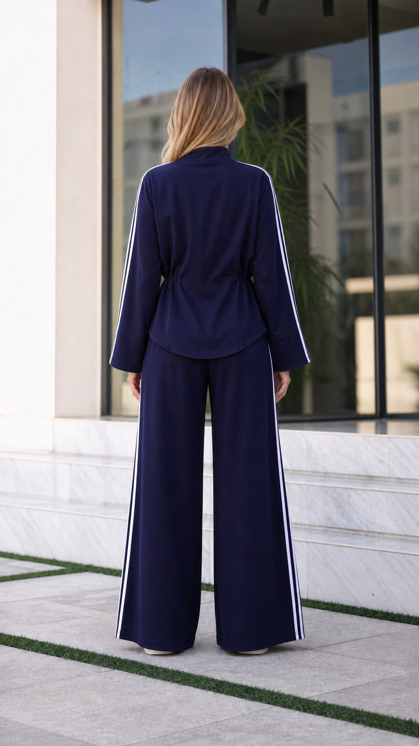 Back view of women's navy blue zip jacket and wide-leg pants set