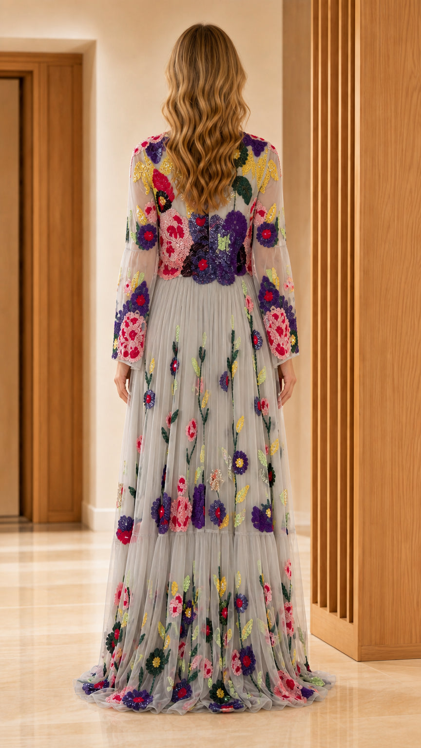 Grey floral embroidered sequin tulle long sleeve gown back view