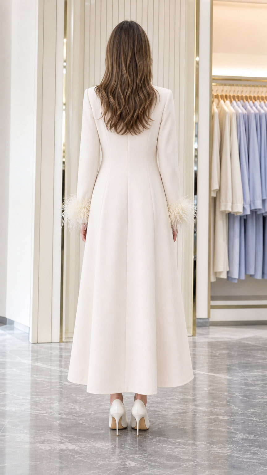 Back view of model in Ivory floor-length A-line coat dress showing tailored seams