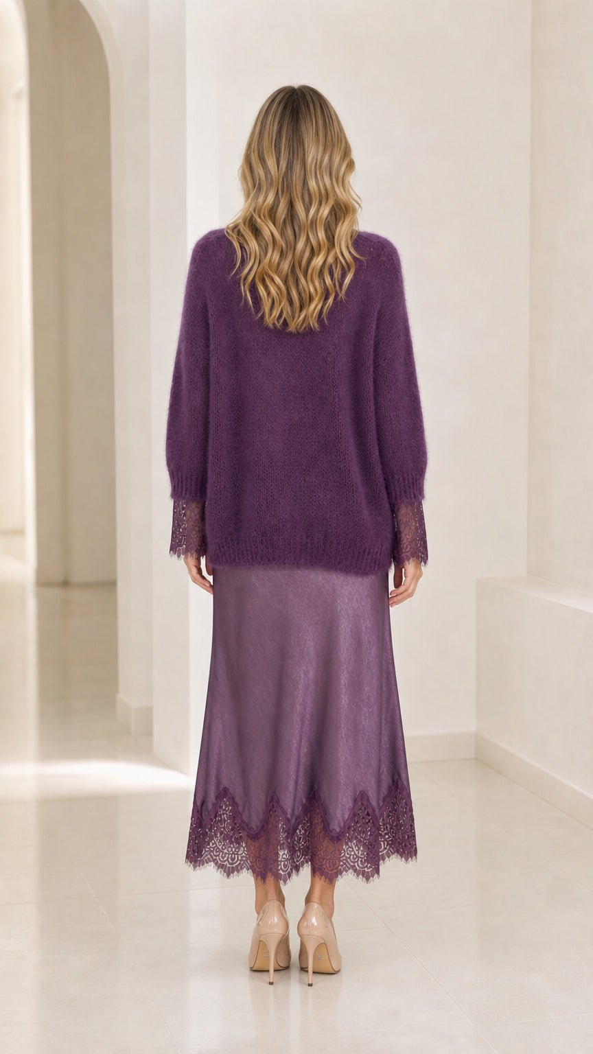 Purple fuzzy sweater and lace skirt outfit back view