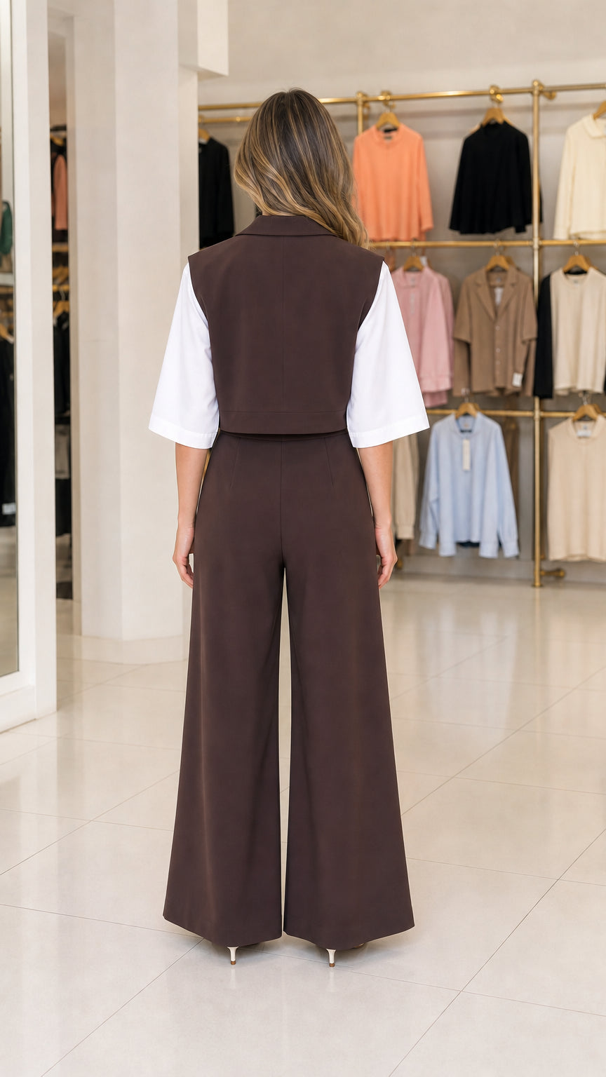 Back view of model wearing brown cropped waistcoat and matching wide-leg trousers