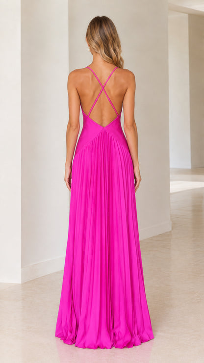Hot pink criss-cross strap open back maxi dress rear view