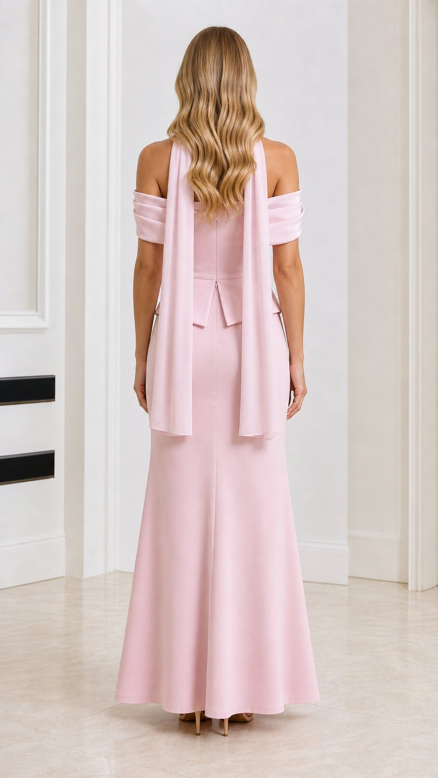 Back view of Blush Pink formal dress showing draped collar sash