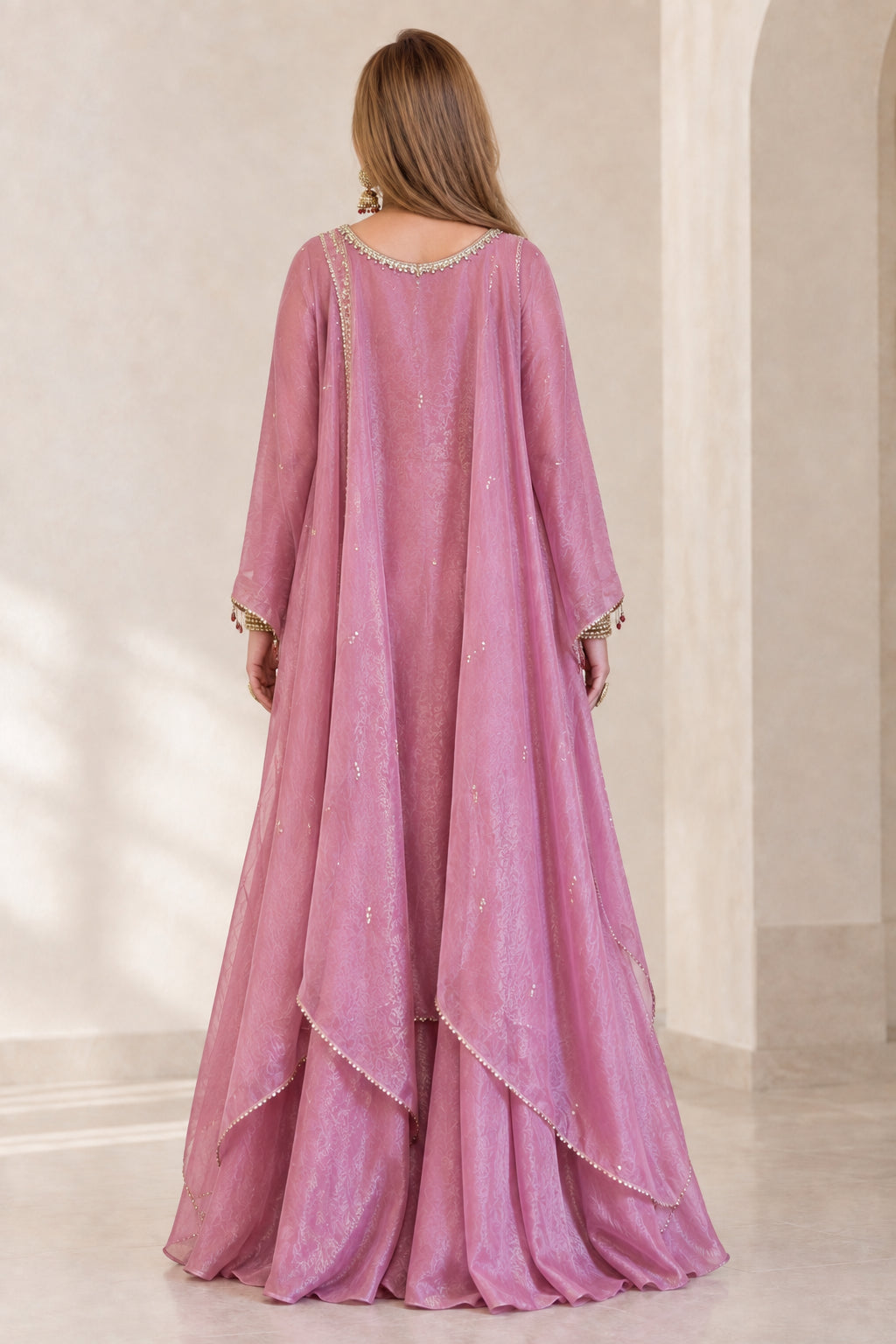 Dusty Rose 3-piece pant set - back view of sweeping sheer duster cape