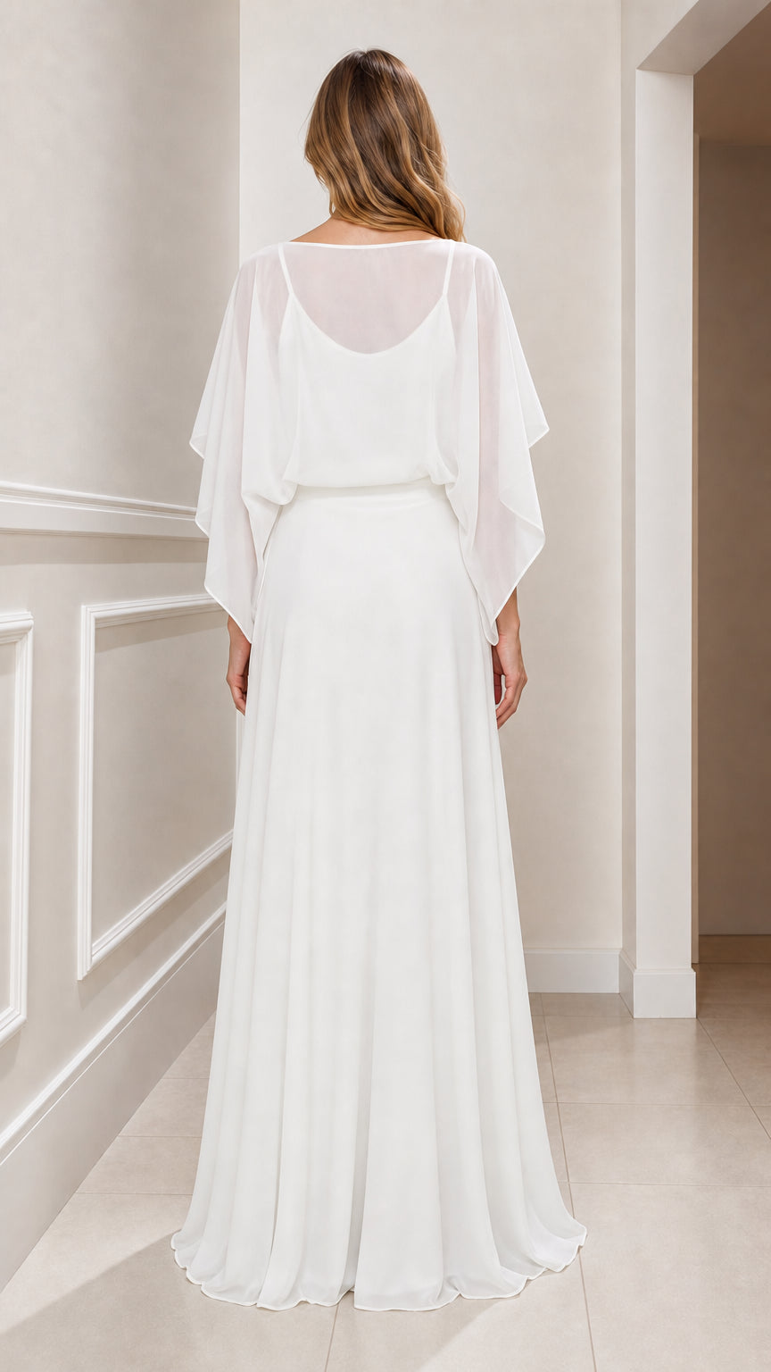 White formal maxi dress back view showing sheer cape overlay