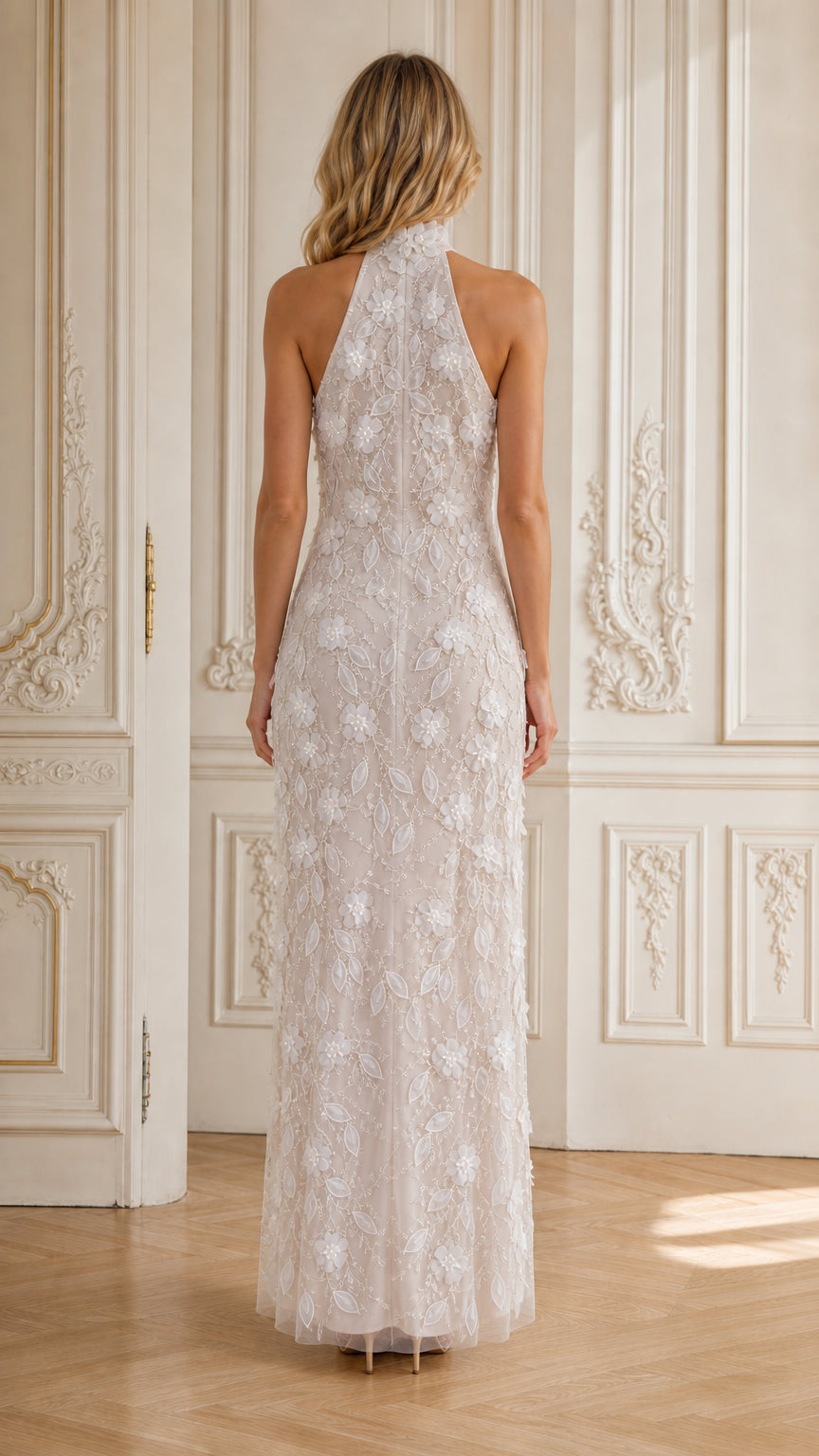 Ivory floral embroidered maxi gown back view