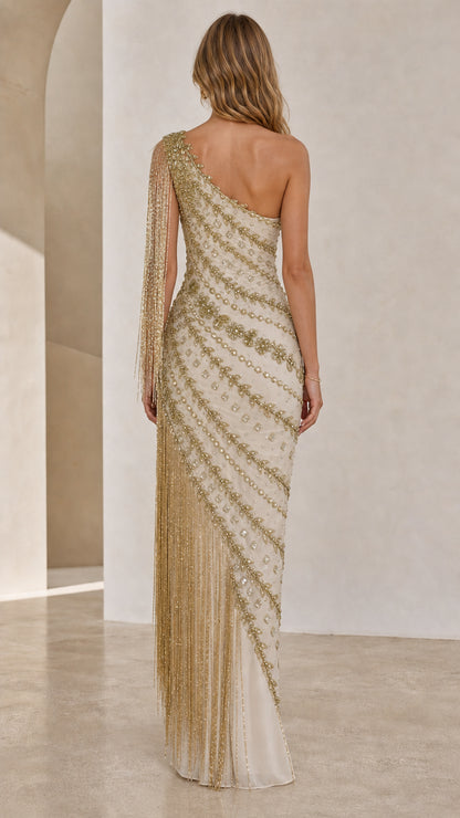 Back view of model in champagne formal dress