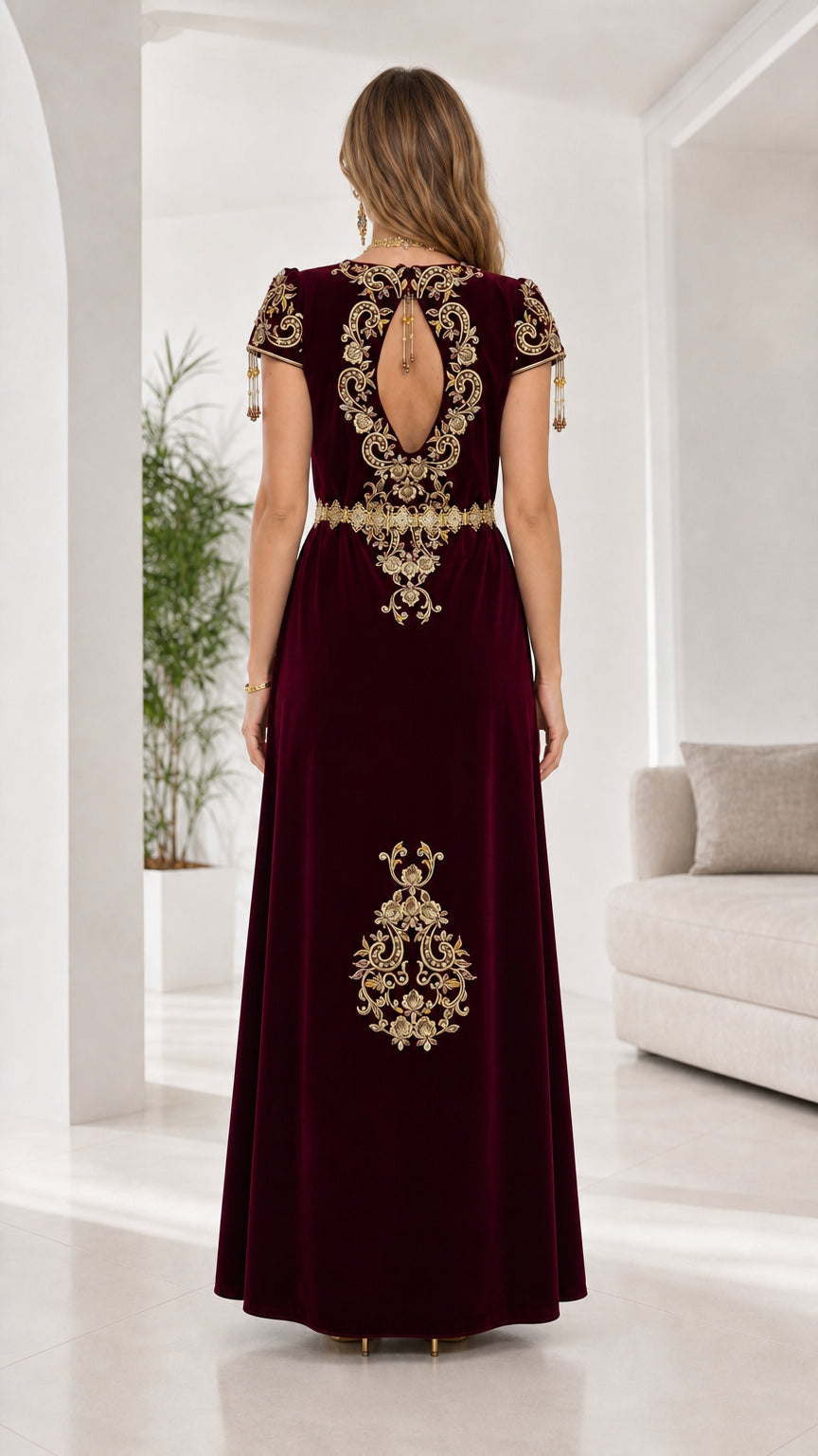 Back view of burgundy maxi dress showing teardrop keyhole back and embroidered accents