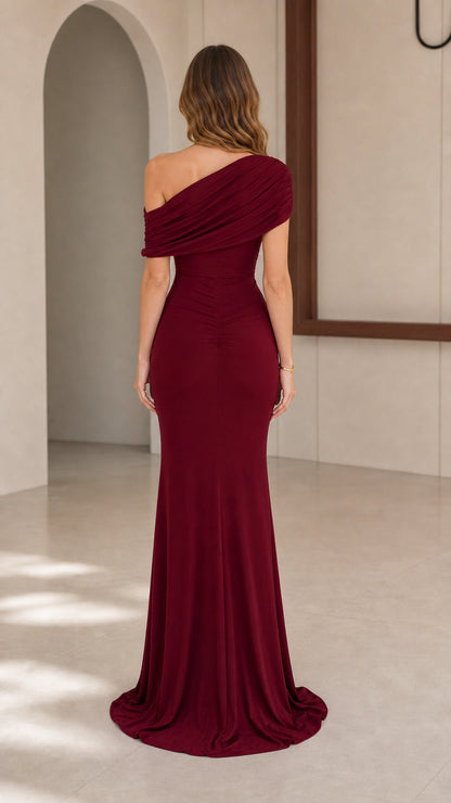 Model wearing Burgundy one-shoulder evening gown, back view