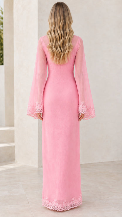 Back view of elegant pink formal maxi dress