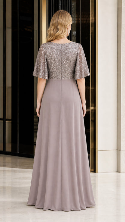 Back view of taupe evening gown