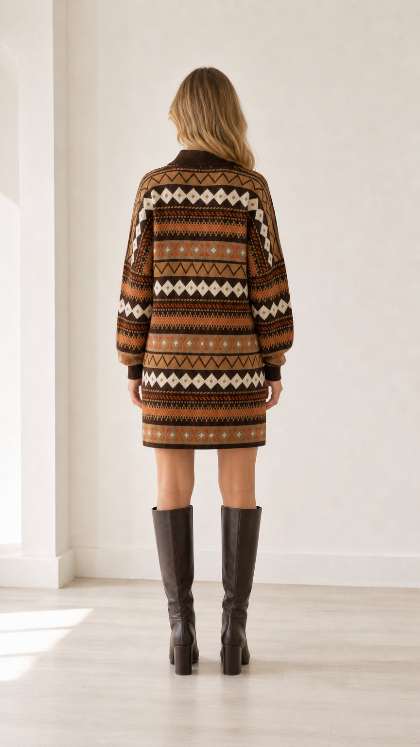 Back view of model wearing brown geometric pattern long sleeve knit sweater dress