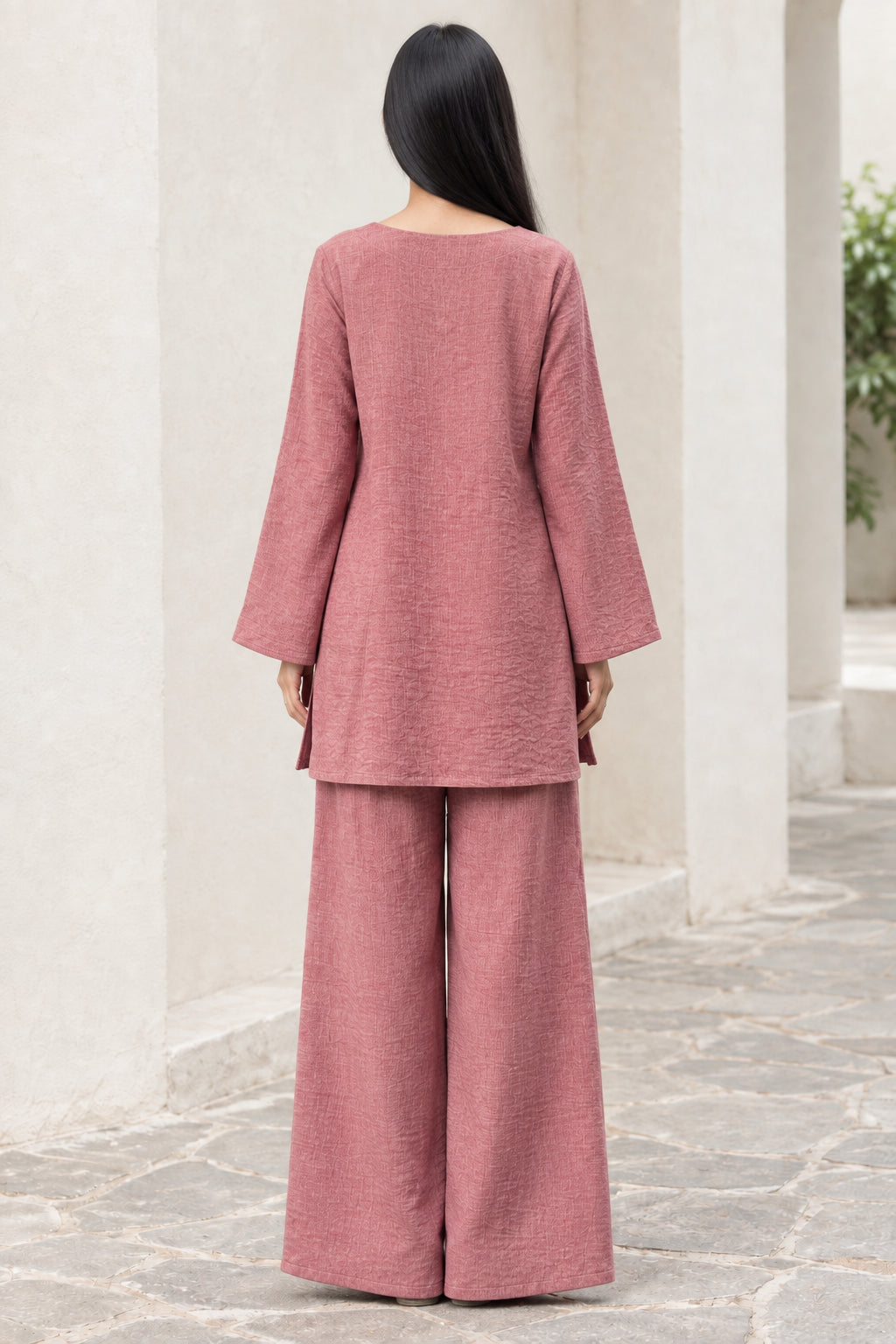 Back view of woman wearing Dusty Rose relaxed two-piece lounge set