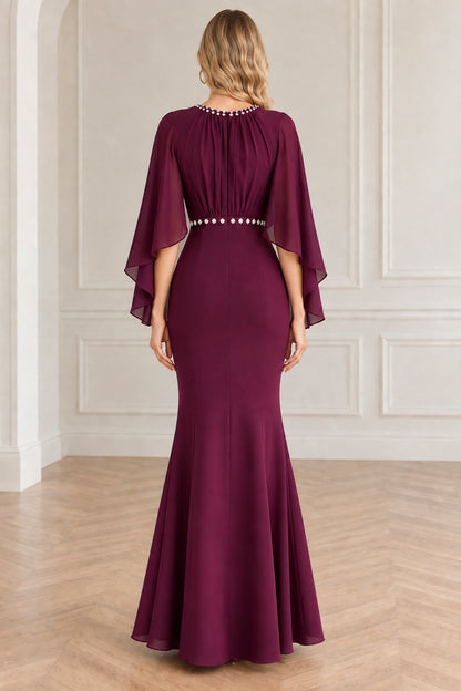 Burgundy back view of beaded waist cape sleeve evening maxi dress