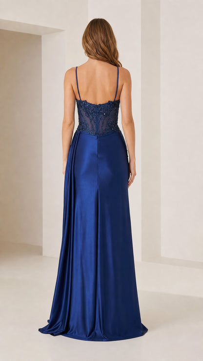 Back view of royal blue evening dress showing strap details