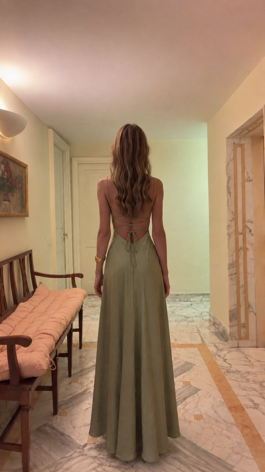 Full back view of Sage Green satin maxi gown showing crisscross lace-up back