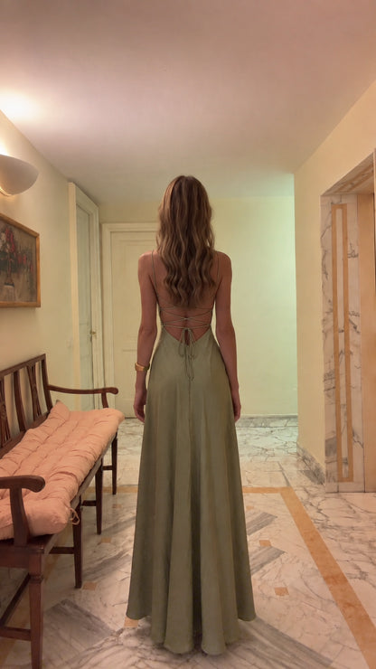 Full back view of Sage Green satin maxi gown showing crisscross lace-up back