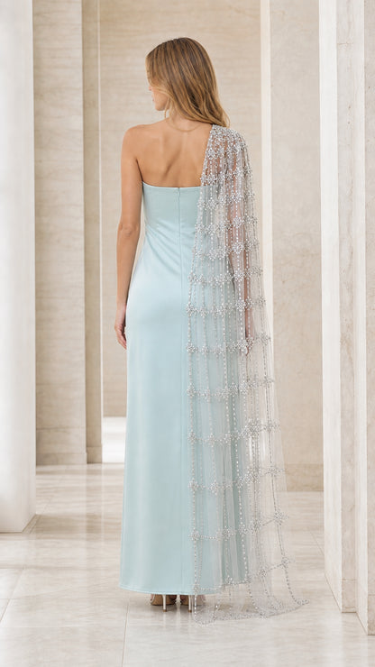 Back view of ice blue strapless evening gown with sheer beaded cape cascading to the floor