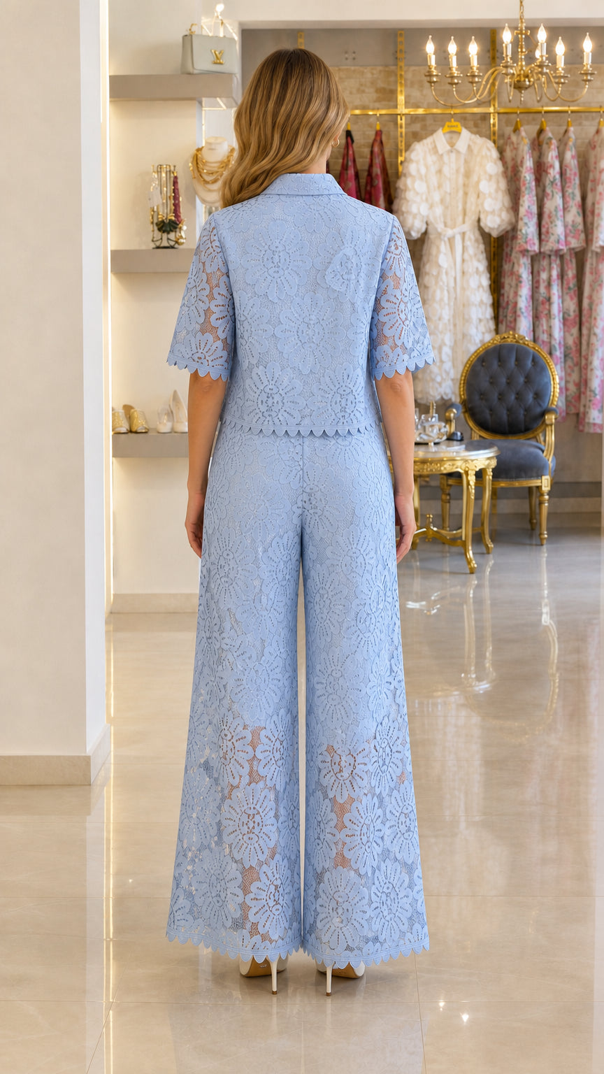 Back view of model in light blue floral lace short-sleeve top and wide-leg pants