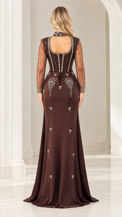 Back view of chocolate brown gown showcasing keyhole cutout back and beaded accents