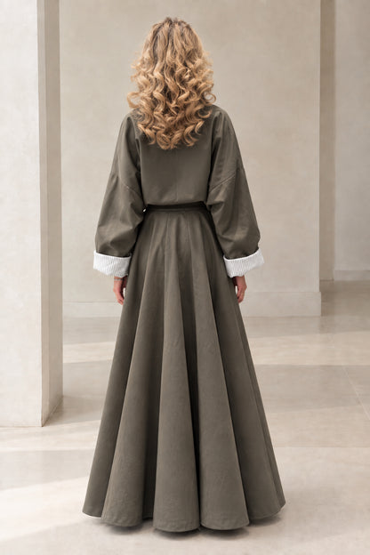 Back view of woman wearing Olive Green matching two-piece maxi skirt set