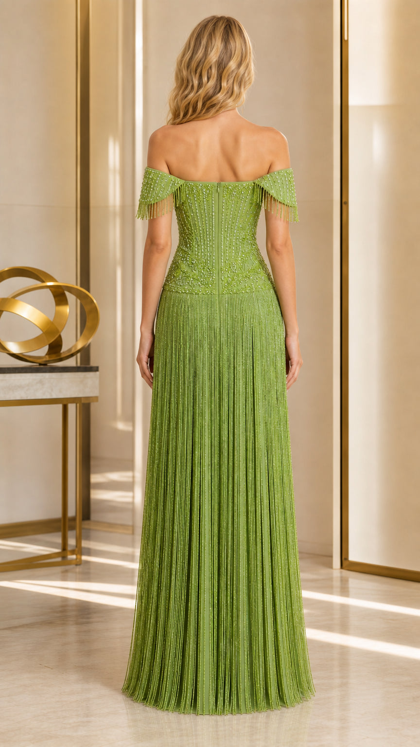 Back view of olive green beaded maxi dress with cascading fringe