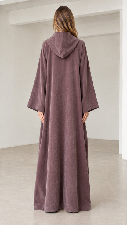 Back view of dusty mauve relaxed hooded maxi robe dress