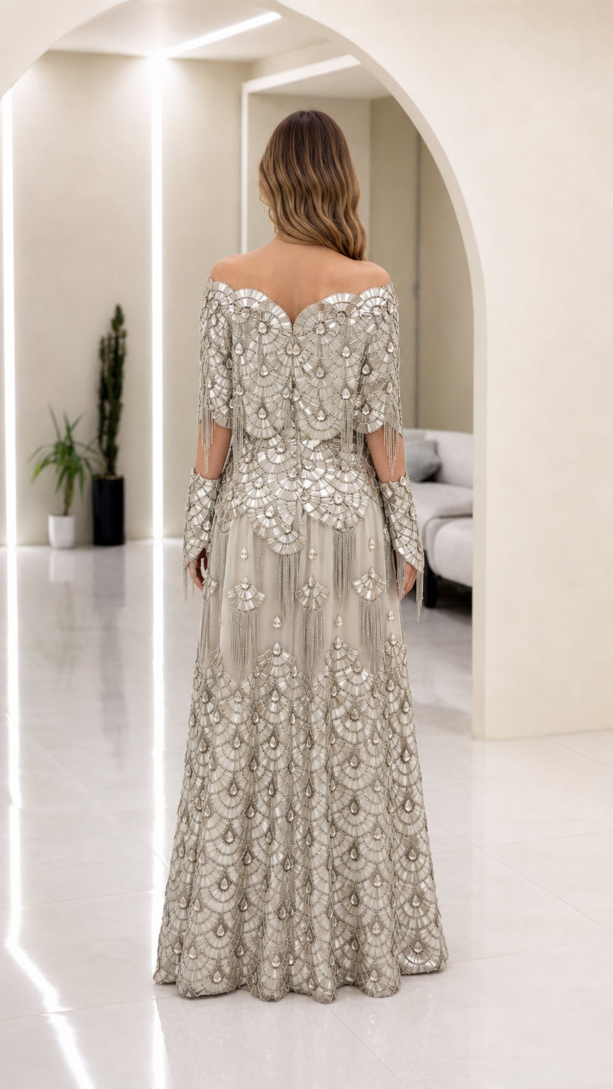 Champagne Silver sequin floor-length evening gown back view