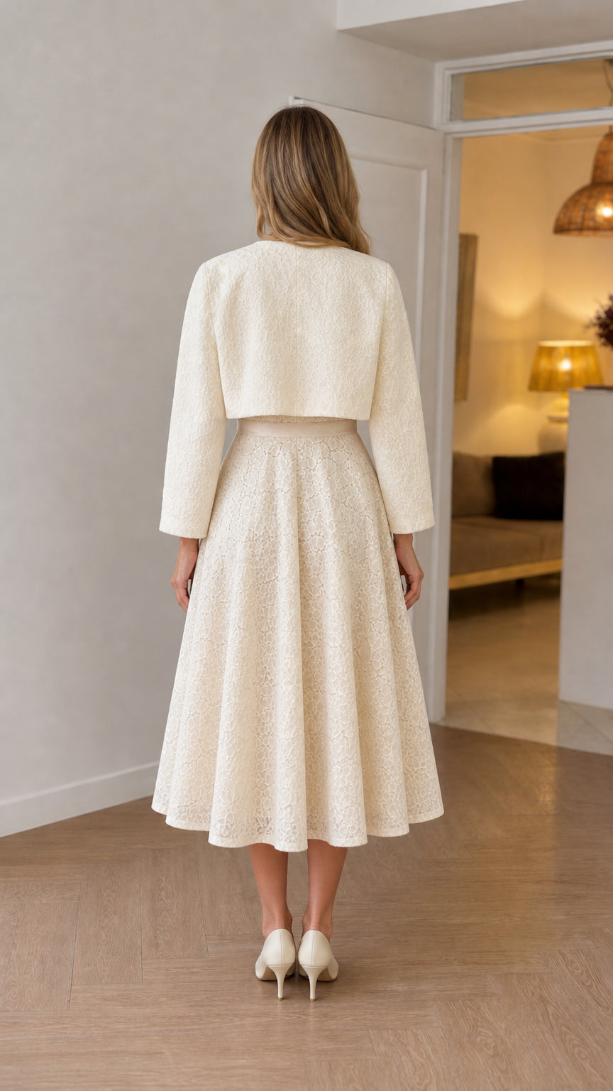 Back view of Ivory lace A-line midi dress and bolero set