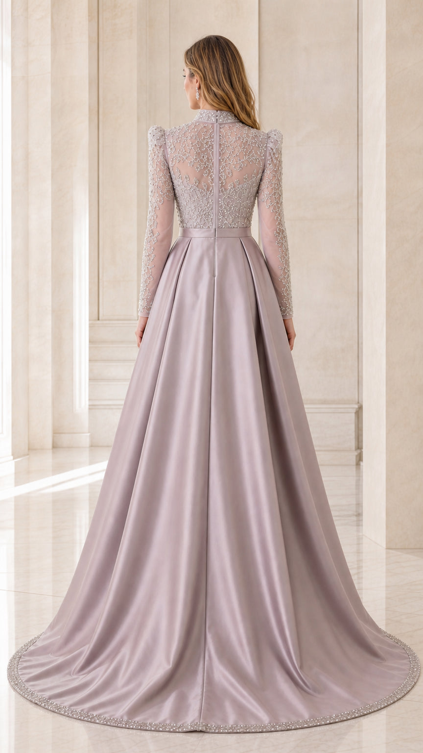 Back view of model in dusty lilac beaded high neck gown with voluminous satin train
