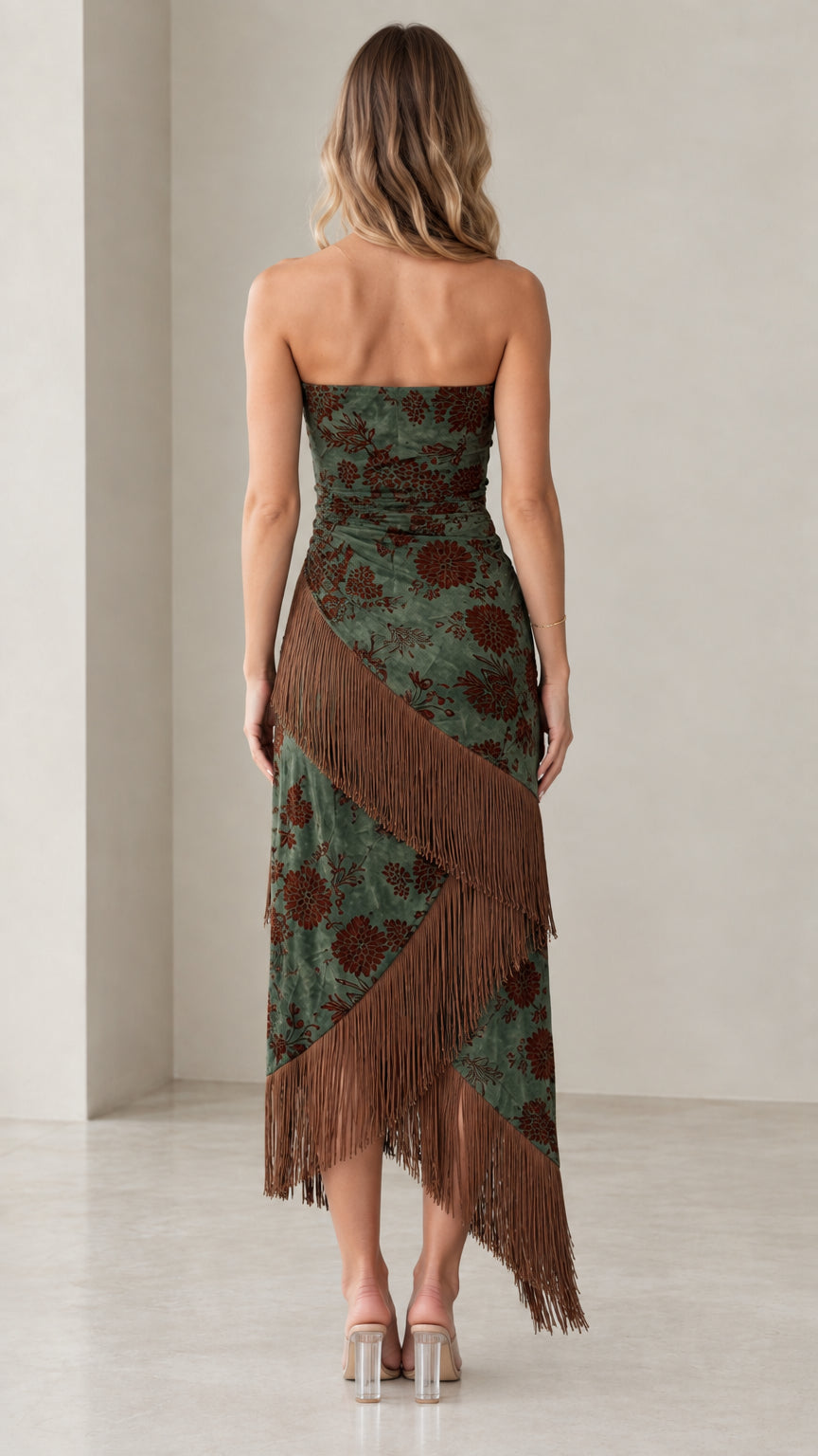 Olive Green strapless floral midi dress with fringe - back view