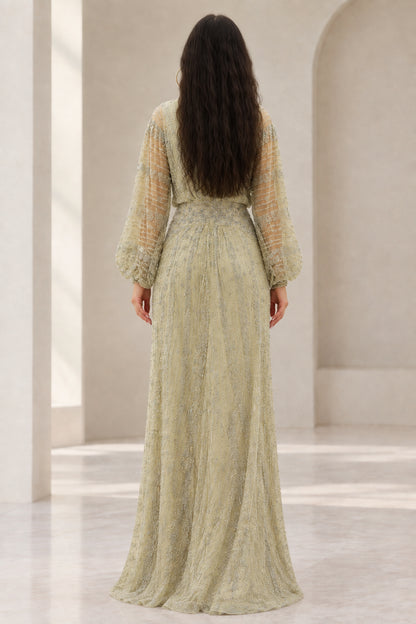 Back view of Sage Green beaded evening gown with long sleeves