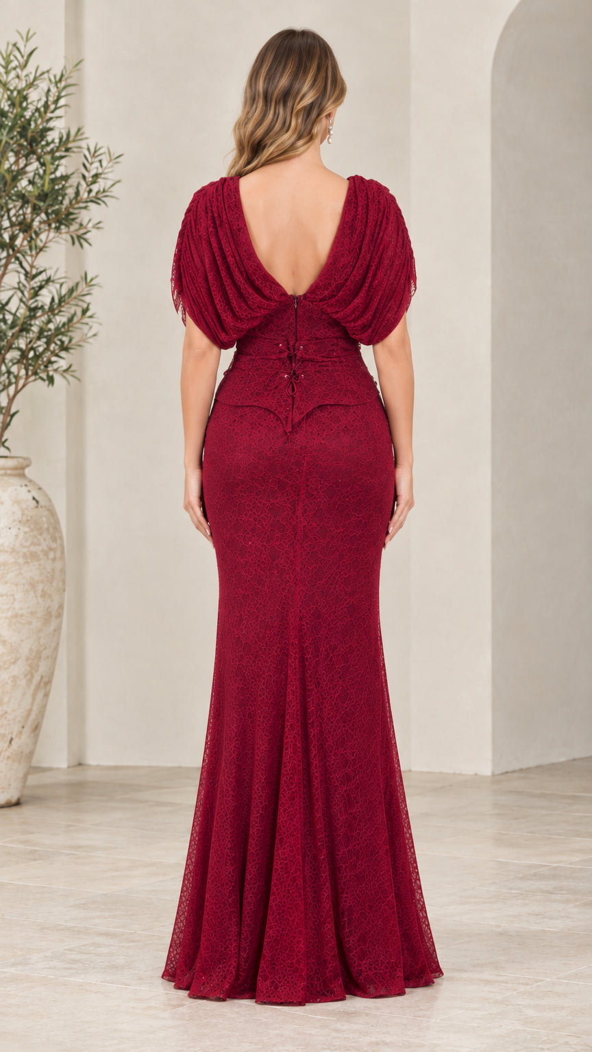 Back view of Burgundy evening dress featuring lace-up corset and draped cowl back