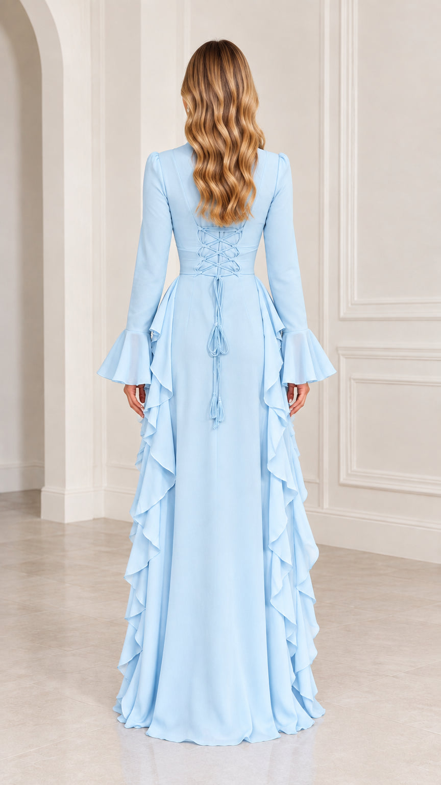 Back view of Light Blue maxi dress highlighting the lace-up corset back and cascading ruffles