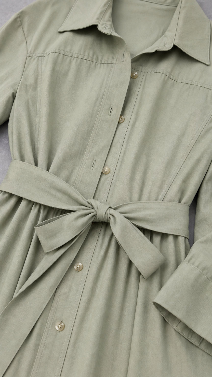 Close-up detail of Sage Green shirt dress showing collar, buttons, and tied waist belt