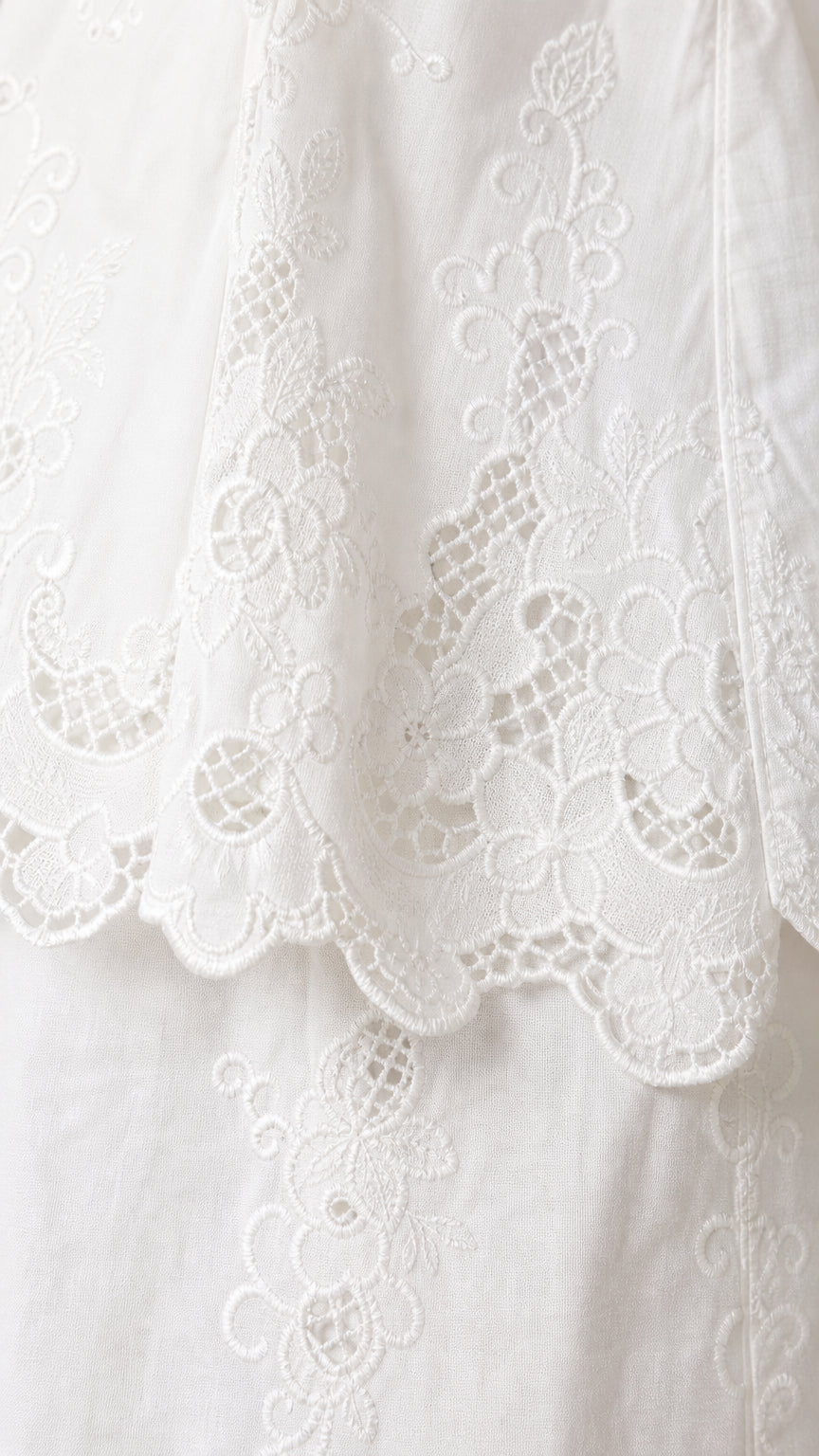 Close-up detail of the white floral eyelet embroidery and scalloped lace hemline